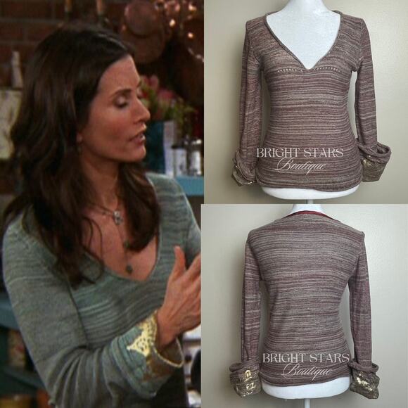 Brown Sweater Long Sleeve Gold Foiled Fold Back Cuffs ALT ASO Monica Lorelai - Picture 2 of 10